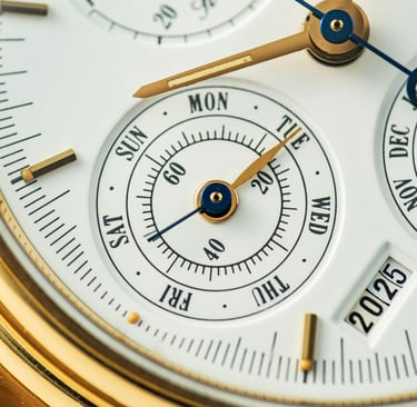 A watch dial with copper hands showing the days of the week and the year 2025.