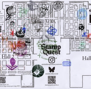 A dungeon-style map of the UKGE 2025 layout, with certain stalls marked. It is overlaid by coloured stamps.
