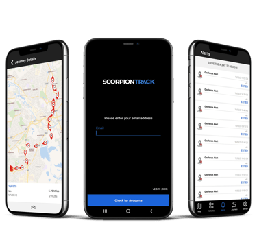 a group of three smartphones with a map of the location of a location