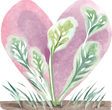 Watercolour image of a heart with plants growing inside it representing healing and personal growth