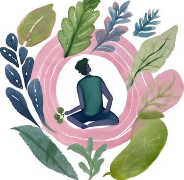 Watercolour image of client sitting holding a leaf, surrounded by diverse leaves representing growth