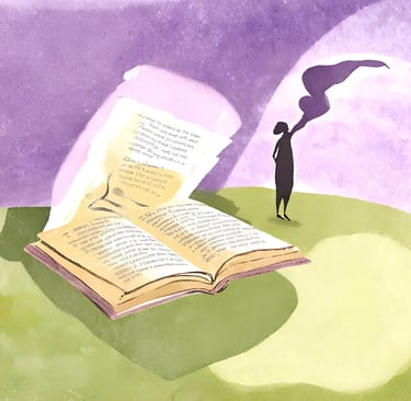 Purple, green, yellow watercolour image of a story book and a figure emerging from it