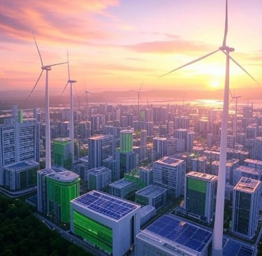 Futuristic cityscape at sunset with towering wind turbines, solar panels