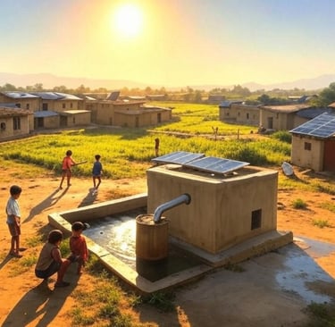 Artistic depiction of a rural Indian village with traditional homes topped with modern solar panels