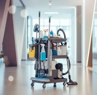 Commercial cleaning cart with mops, spray bottles, vacuum, and supplies organized for professional janitorial use