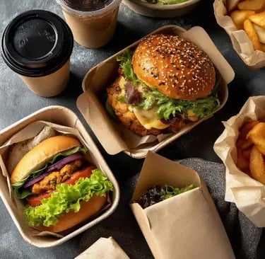 Takeout meal in kraft containers with burgers, fries, salad, and iced coffee on a dark table