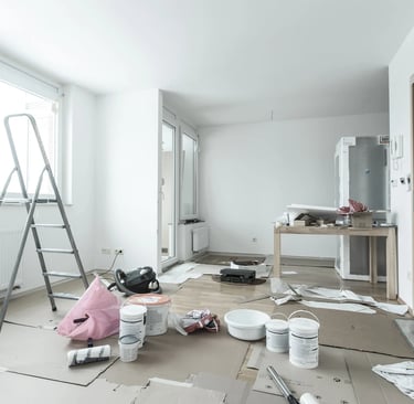 painting materials and equipment in a room