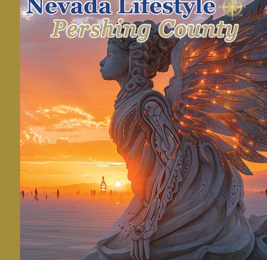 Nevada Lifestyle Pershing County magazine cover featuring a glowing desert art sculpture at sunset.