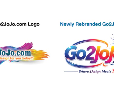 Comparison of the previous and newly rebranded Go2JoJo.com graphic design logo featuring colorful paint splashes.