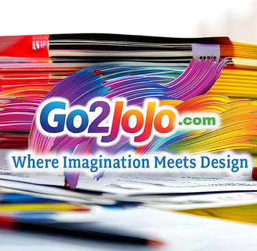 Go2Jojo graphic design logo with colorful paint strokes over a creative workspace with files and pencils.