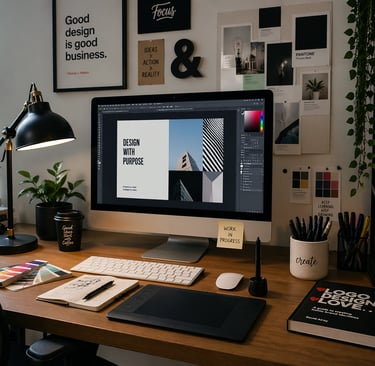 Graphic designer workspace with an iMac, digital drawing tablet, and logo design books on a wooden desk.