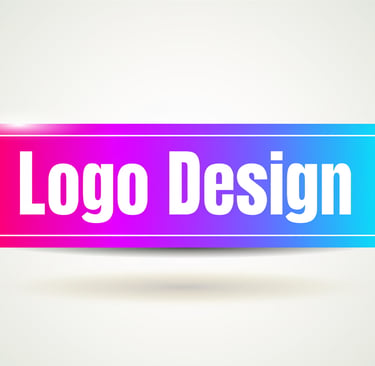 Professional logo design text on a vibrant pink and blue gradient banner.