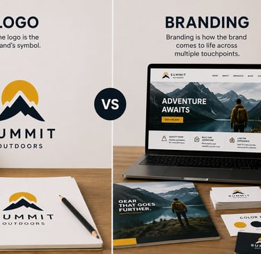 A comparison of a mountain logo design versus full brand identity on a laptop, business cards, and merchandise.