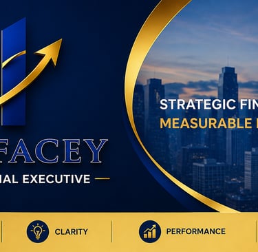 Eddie Facey strategic financial executive banner with a growth chart logo over a city skyline background.
