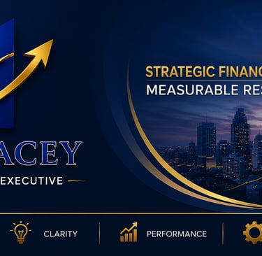 Eddie Facey strategic financial executive banner featuring a city skyline, growth charts, and leadership icons.
