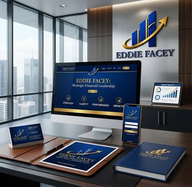 Corporate branding and financial advisor marketing materials for Eddie Facey in a modern office.