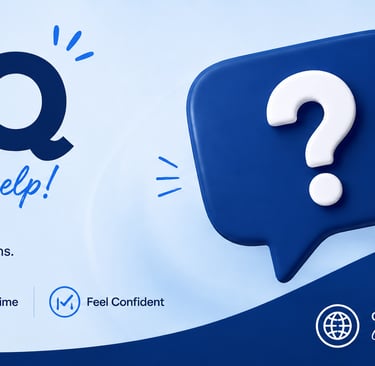 FAQ graphic design help banner with blue 3D speech bubbles and frequently asked questions text.