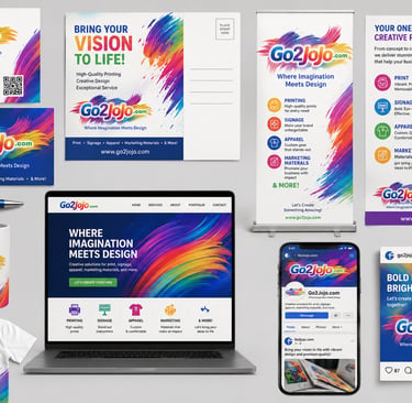 Go2Jojo branding kit showing business cards, website, t-shirt, and marketing materials with colorful paint splash design.