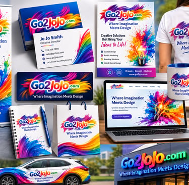 Branding kit for Go2JoJo graphic design services featuring colorful logos on business cards, stationery, apparel, and a car