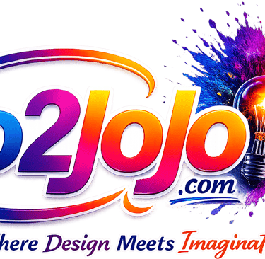 Go2Jojo logo with a glowing lightbulb and colorful paint splash, featuring the slogan Where Design Meets Imagination.