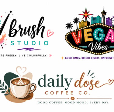 Collection of three creative logos for a brush studio, Vegas vibes travel, and a daily dose coffee company.
