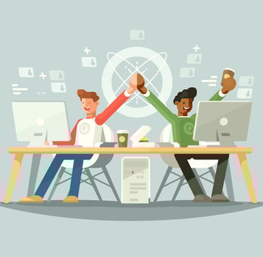 happy office with 2 colleagues celebrating project success