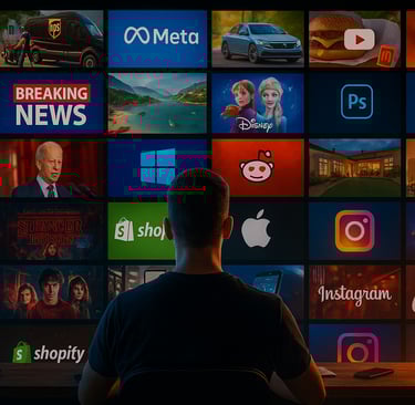 Man surrounded by digital screens showing global brands and media revolutionizing search queries