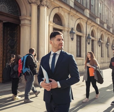 a man in a suit and tie is standing in front of a building