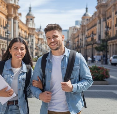 a man and woman standing in front of a building