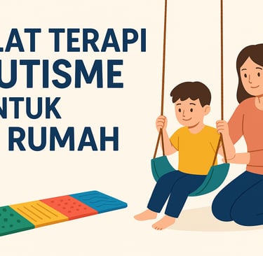 Ilustrasi anak autisme bermain ayunan terapi di rumah dibantu ibu, dengan tactile path berwarna untuk stimulasi sensorik.