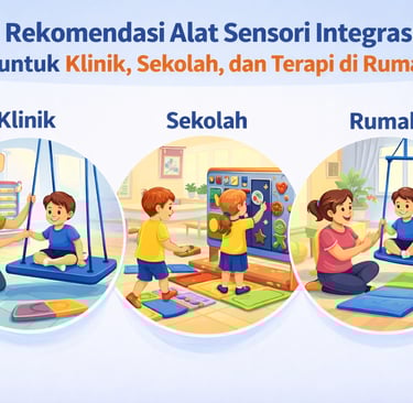 Ilustrasi rekomendasi alat sensori integrasi untuk klinik, sekolah, dan terapi anak di rumah.