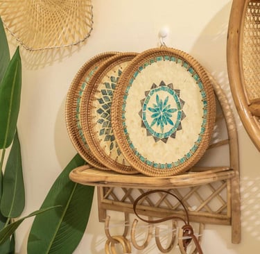 a shelf with a basket weave basket and a basket with a basket on it