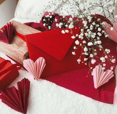a bunch of folded paper hearts on a bed