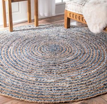 a round rug rug rug with a blue and white rug