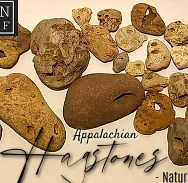 a bunch of hag stones with the words,'appalachian hag stone'