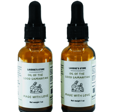 Two one-ounce bottles of good Samaritan oil standing side by side