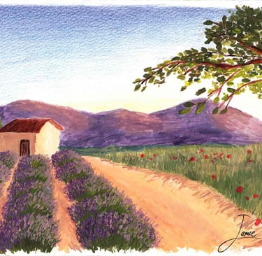 a painting of a house in the country side field of lavenders