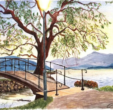 a painting of a bridge over a river