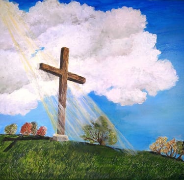 a painting of a cross on a hill with a ray shining on it