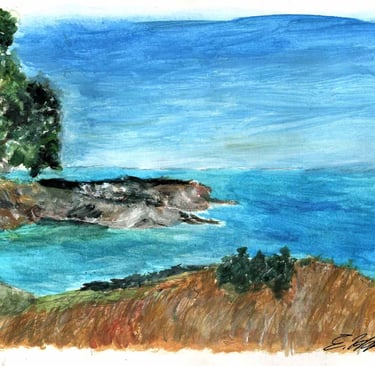 a painting of a view of a cliff side near the ocean