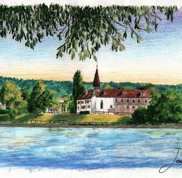 a painting of a church with a church steeple over a river surrounded by trees