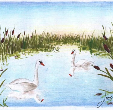 a watercolor painting of two swans in a pond