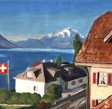 a painting of a view to the lake with a house with a swiss flag