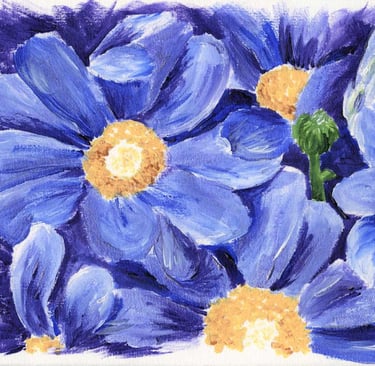 a painting of blue flowers on a dark violet background