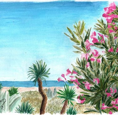 a painting of a tree with pink flowers by the ocean
