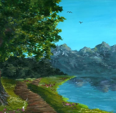 a painting of a path leading to a lake