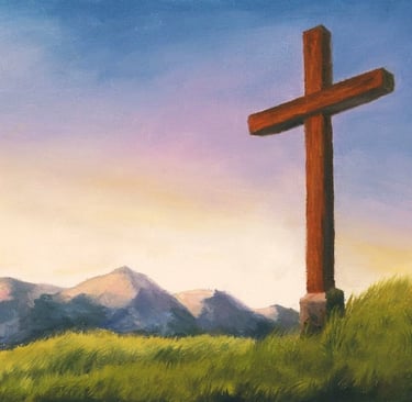 An oil painting of a cross on a hill on sunset