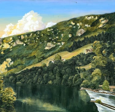 a painting of a mountain scene with a river and a latern