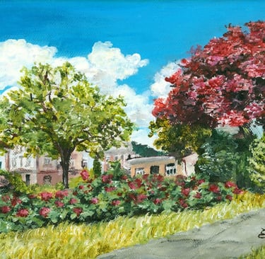 a painting of a neighborhood surrounded by colorful trees and roses