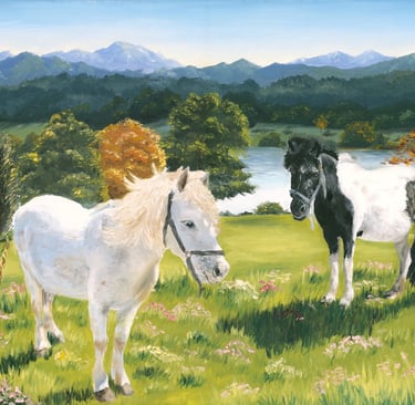 an oil painting of two horses, a white and black-white, in a lovely field with lake and mountains